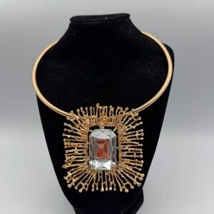 Gold Tone Statement Crystal Sunburst Necklace